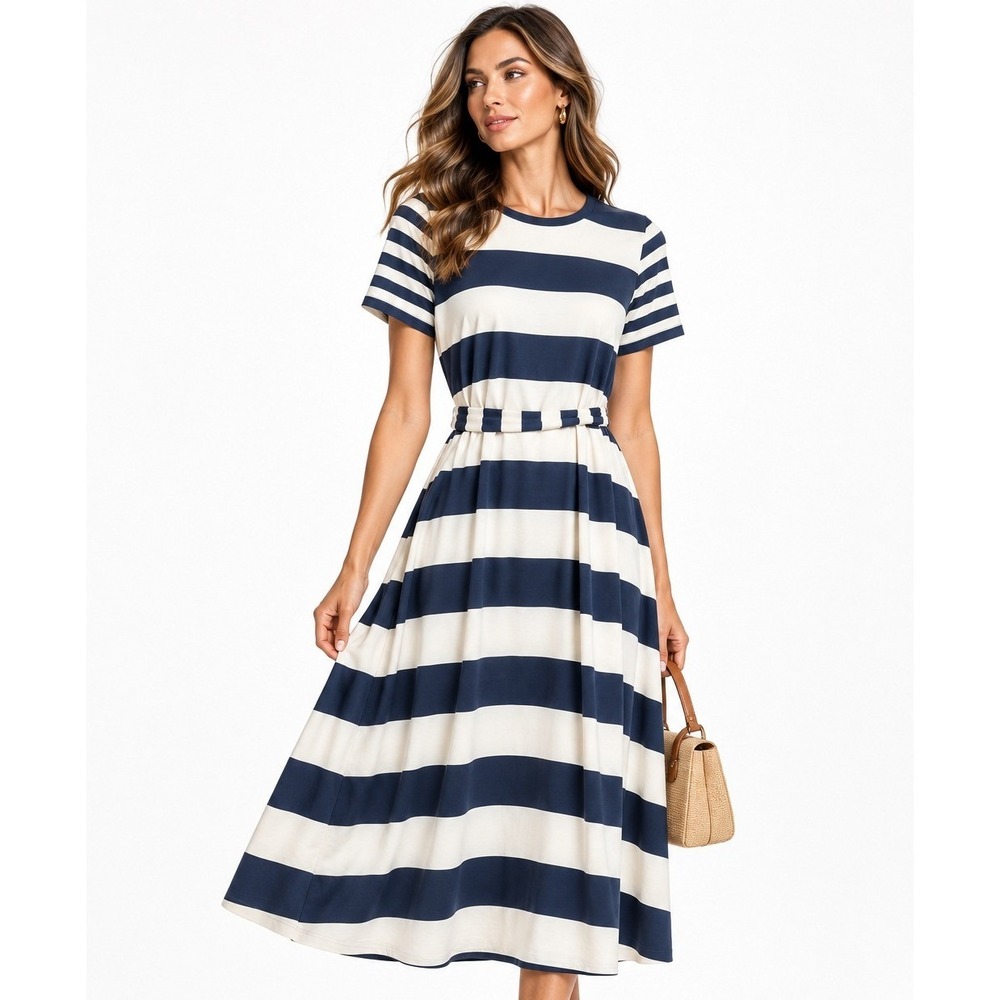 41 Hawthorn Navy White Striped Tie Waist T-Shirt Dress Petite Large NWT